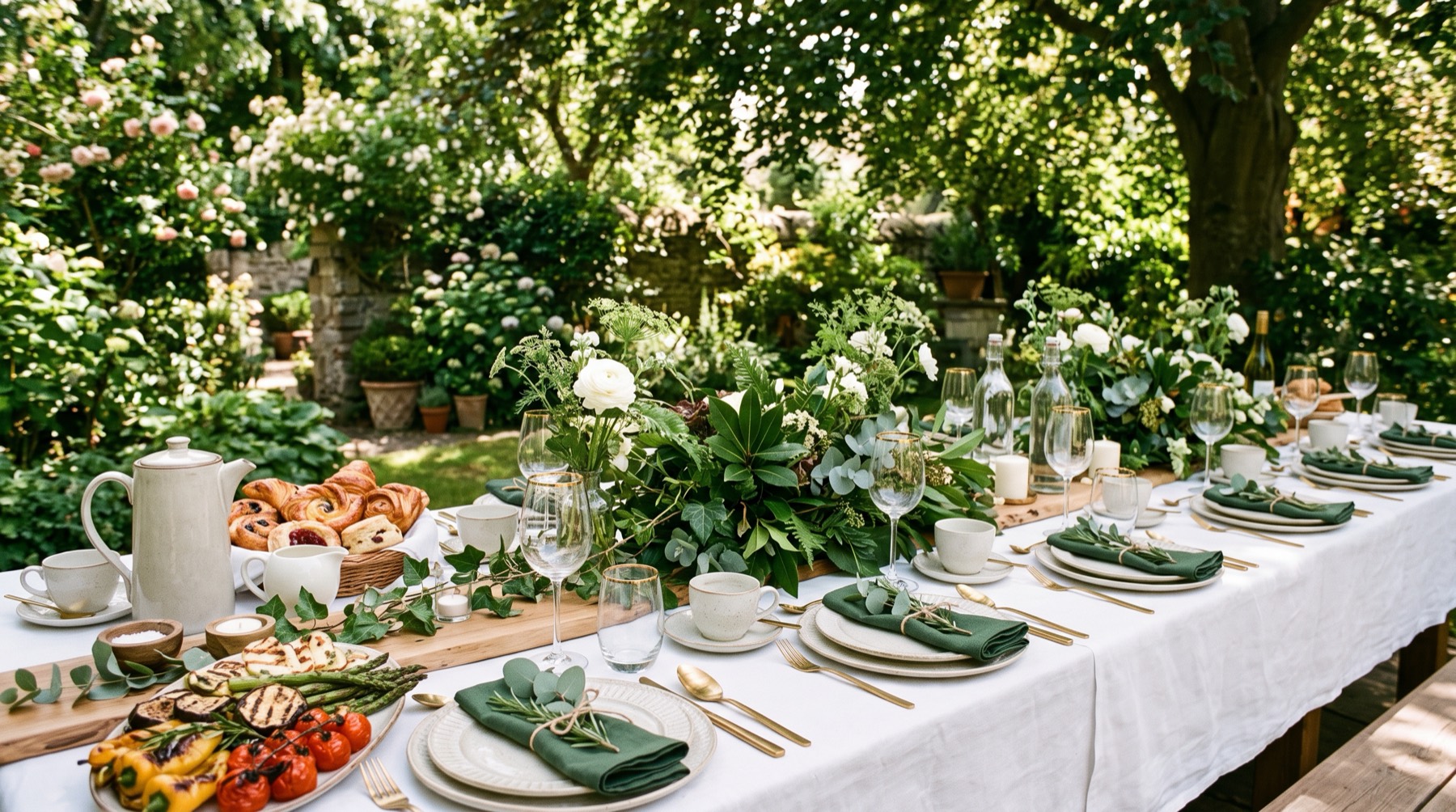 A garden brunch table set in green and gold