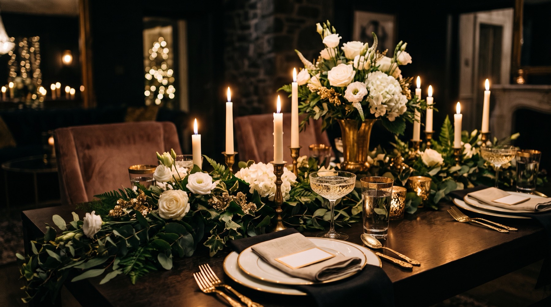 A candlelit dinner table set in gold and green for the Saturday dinner