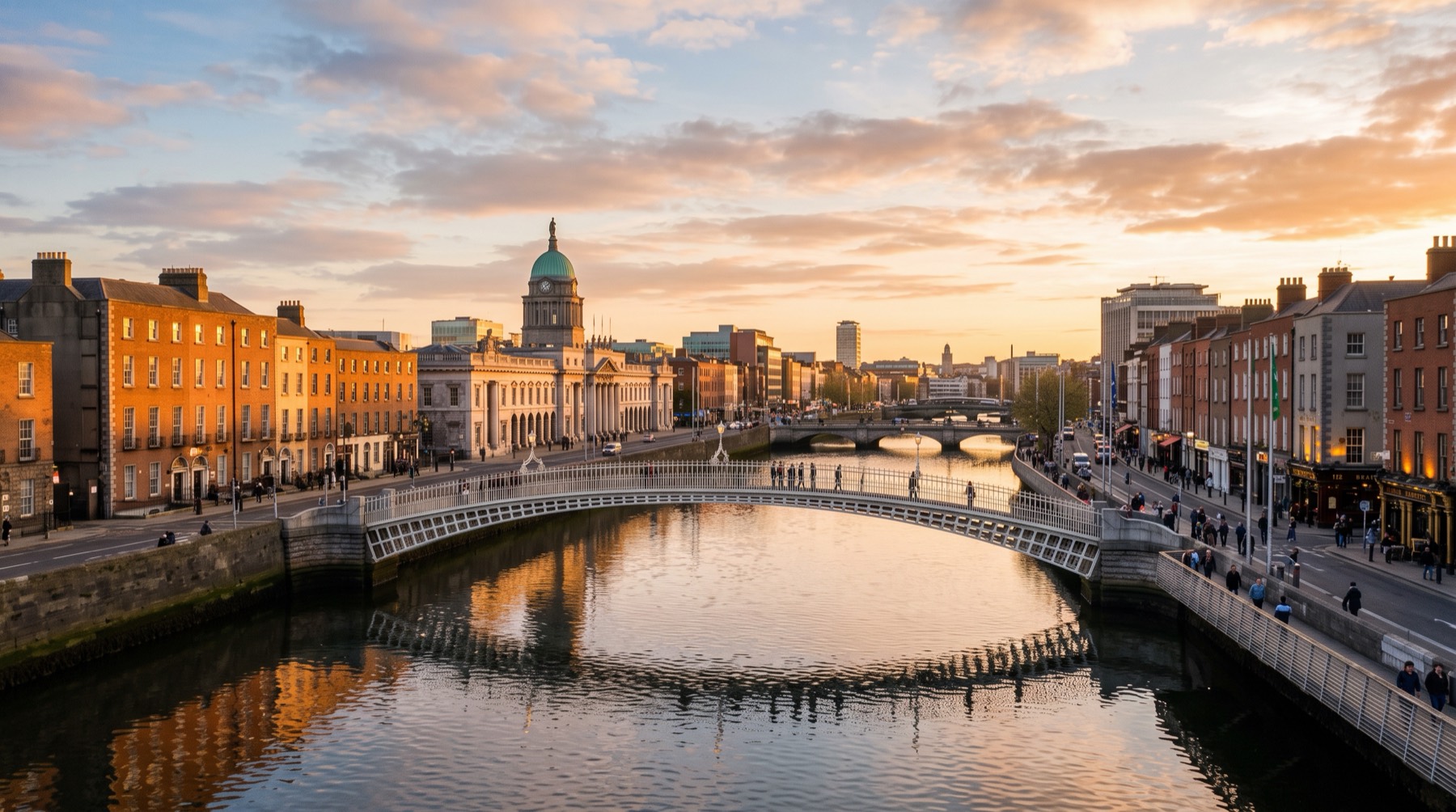 Dublin's Ha'penny Bridge over the River Liffey glowing at golden hour