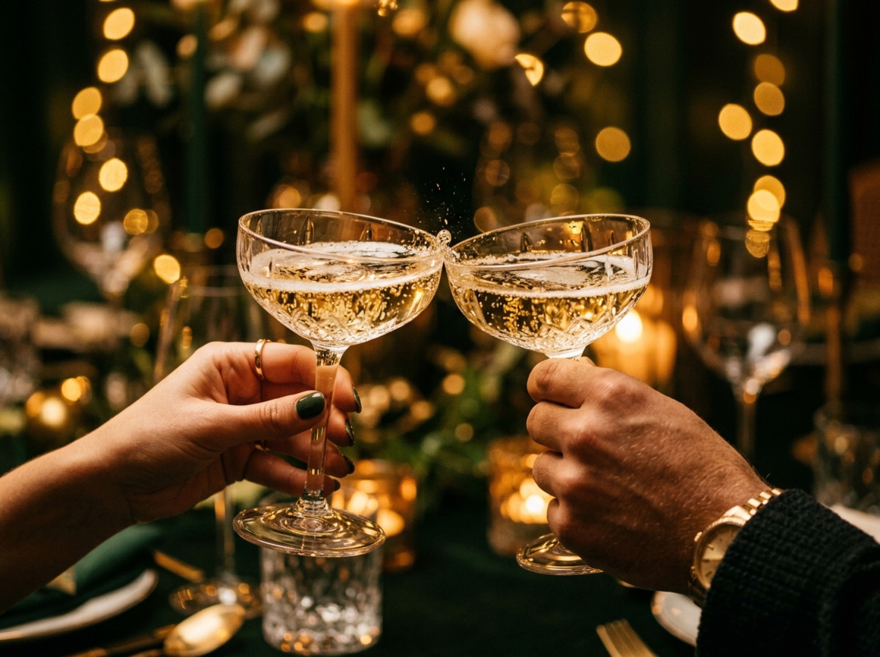 Two champagne coupes raised in a toast